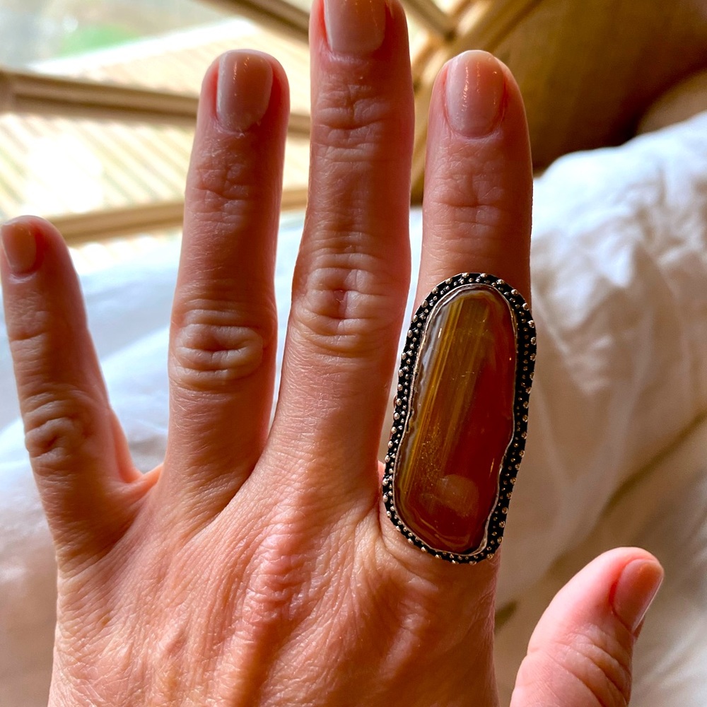 Handmade Long Amber colored Agate Stone and Sterling Ring, size 7